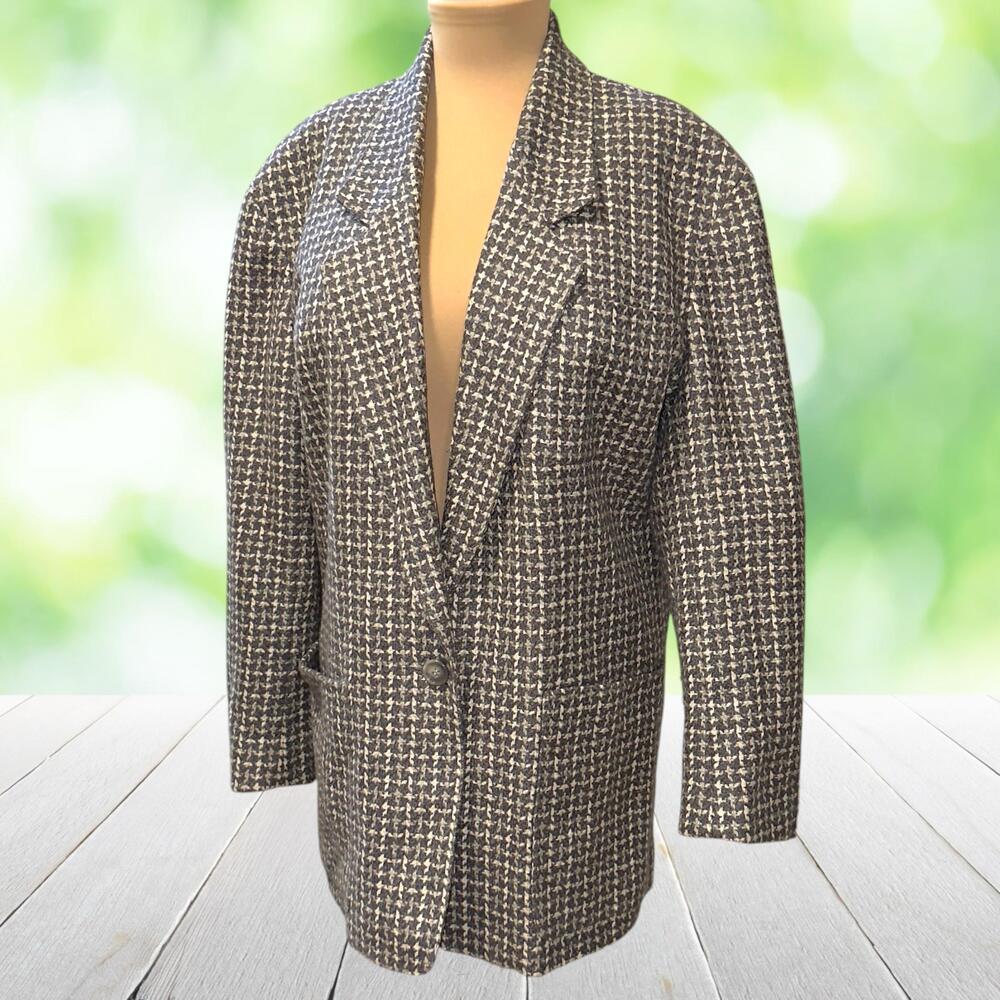 Vintage ANNE KLEIN Longline Tweed Blazer Wool Silk Taupe Check Boyfriend Size M